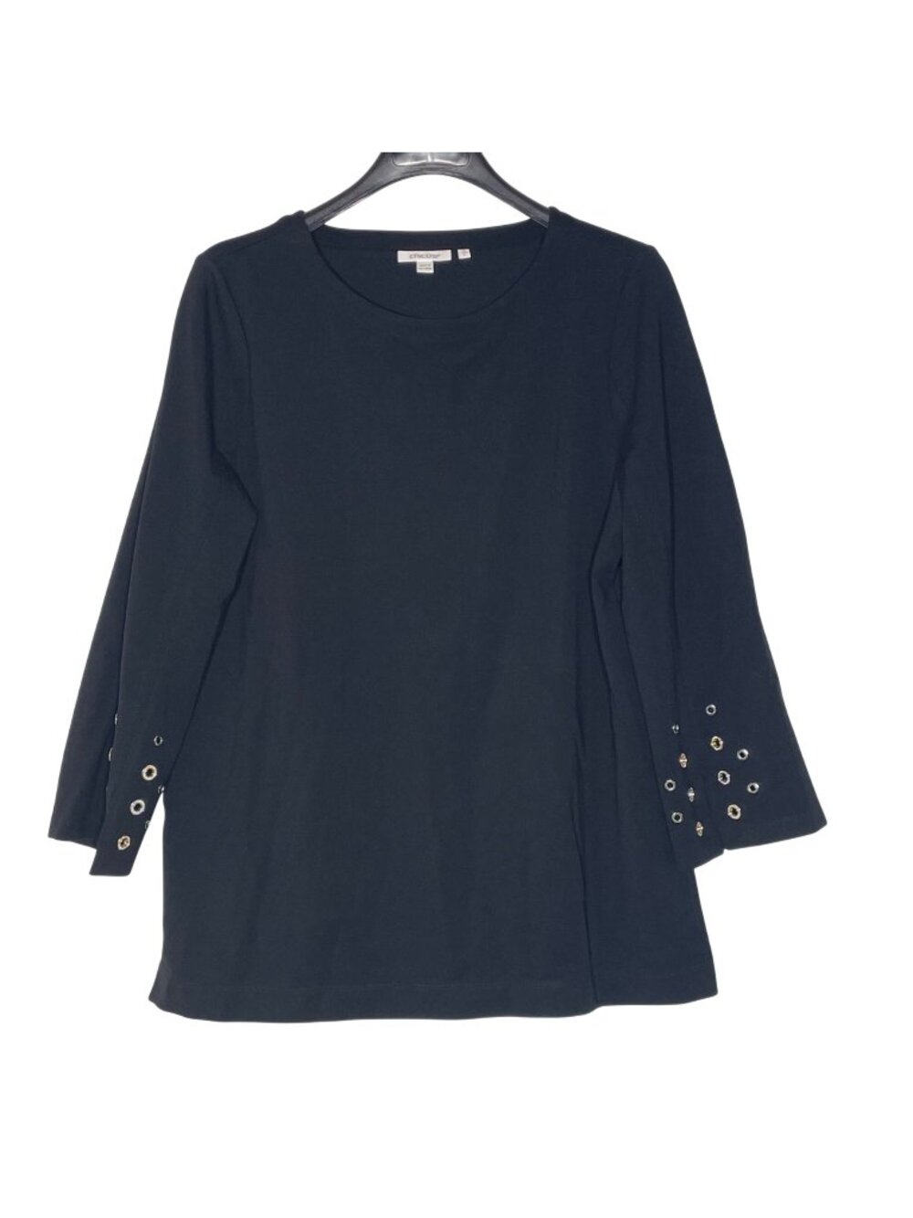 Chico's Liquid Knit Stretch Grommet Circle Gem Top Sz LG 2 Dressy Classic